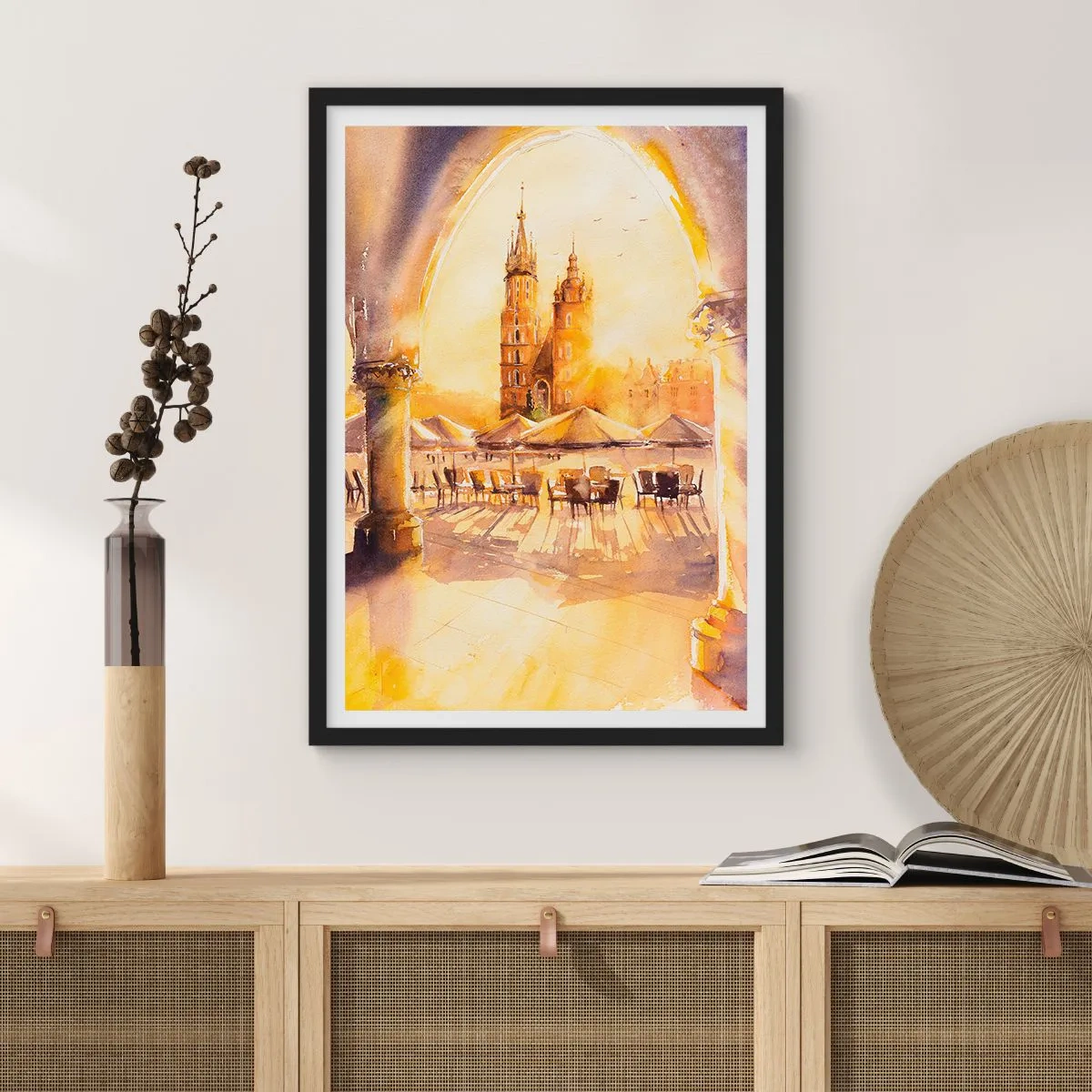 Poster in cornice nera - Un acquerello raffigurante la piazza del mercato di Cracovia al tramonto. - 50x70cm - Alba sulla piazza di Cracovia - Decorazione murale moderna per soggiorno e camera da letto ARTTOR