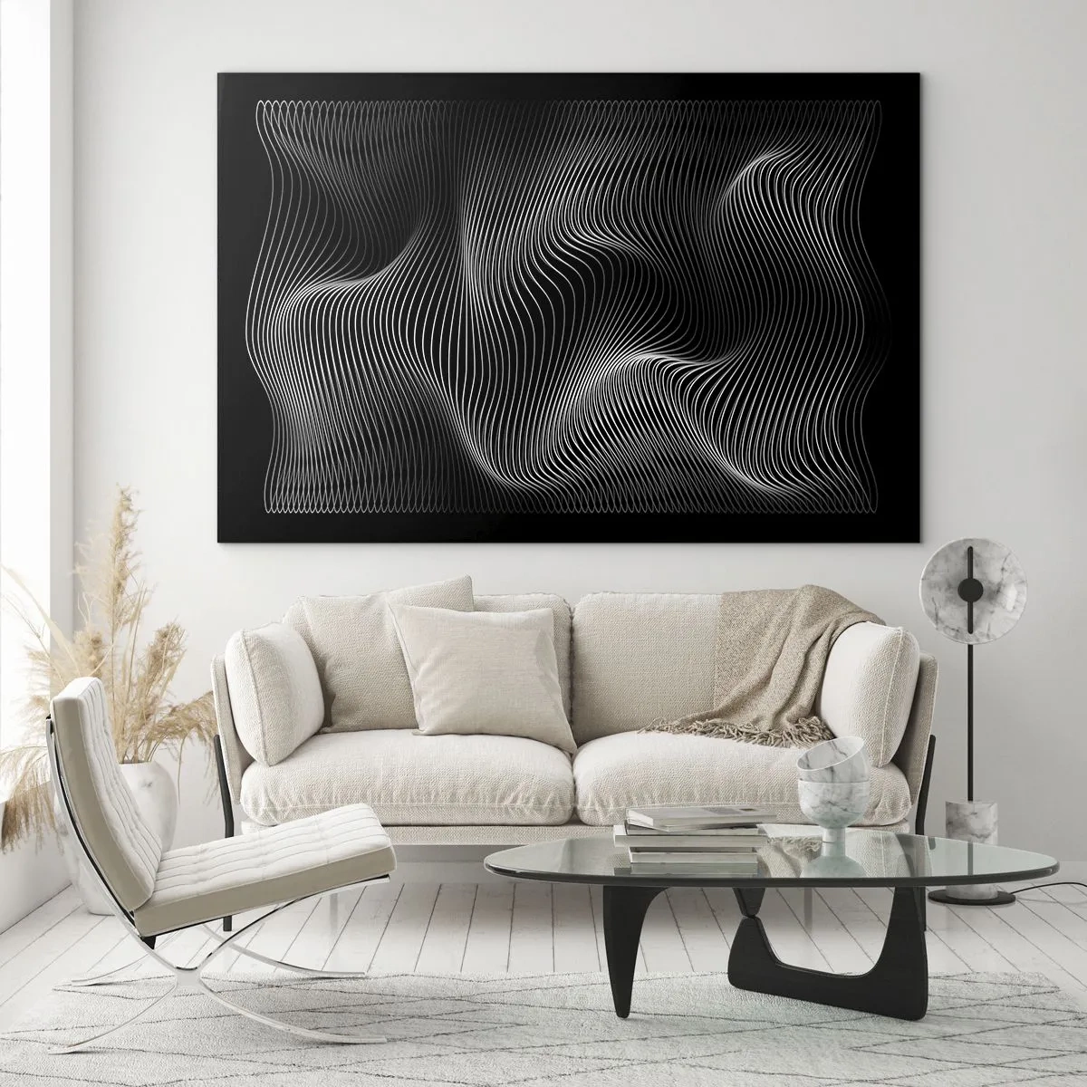Quadro su vetro - Ipnotizzanti linee bianche che si increspano su uno sfondo nero - 70x50cm - La danza della luce nello spazio - Decorazione murale moderna per soggiorno e camera da letto ARTTOR