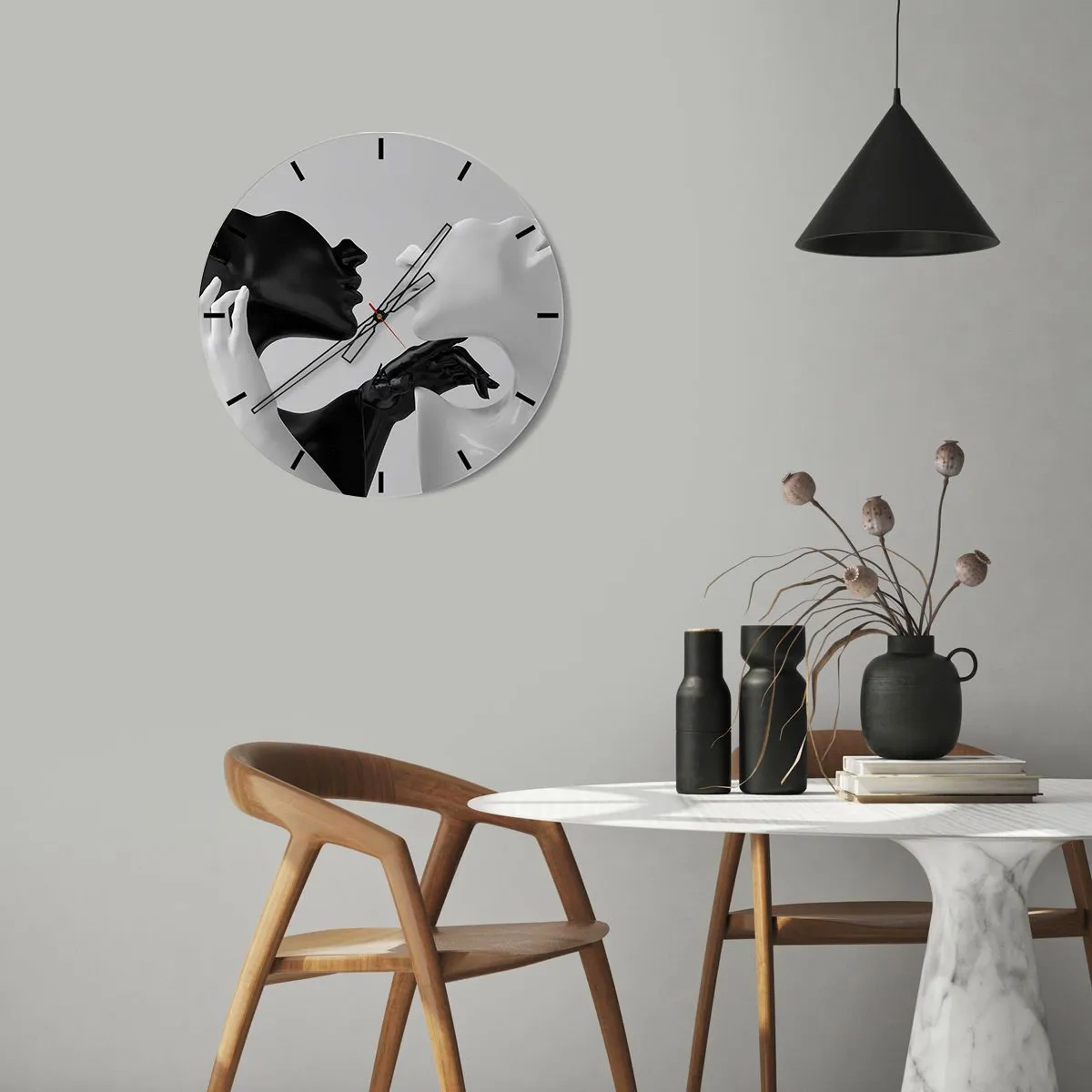 Orologio da parete - Orologio in Vetro - Un paio di volti e mani in bianco e nero in un primo piano. - 30x30cm - Desiderio - attrazione - Decorazione murale moderna per soggiorno, cucina e camera da letto ARTTOR