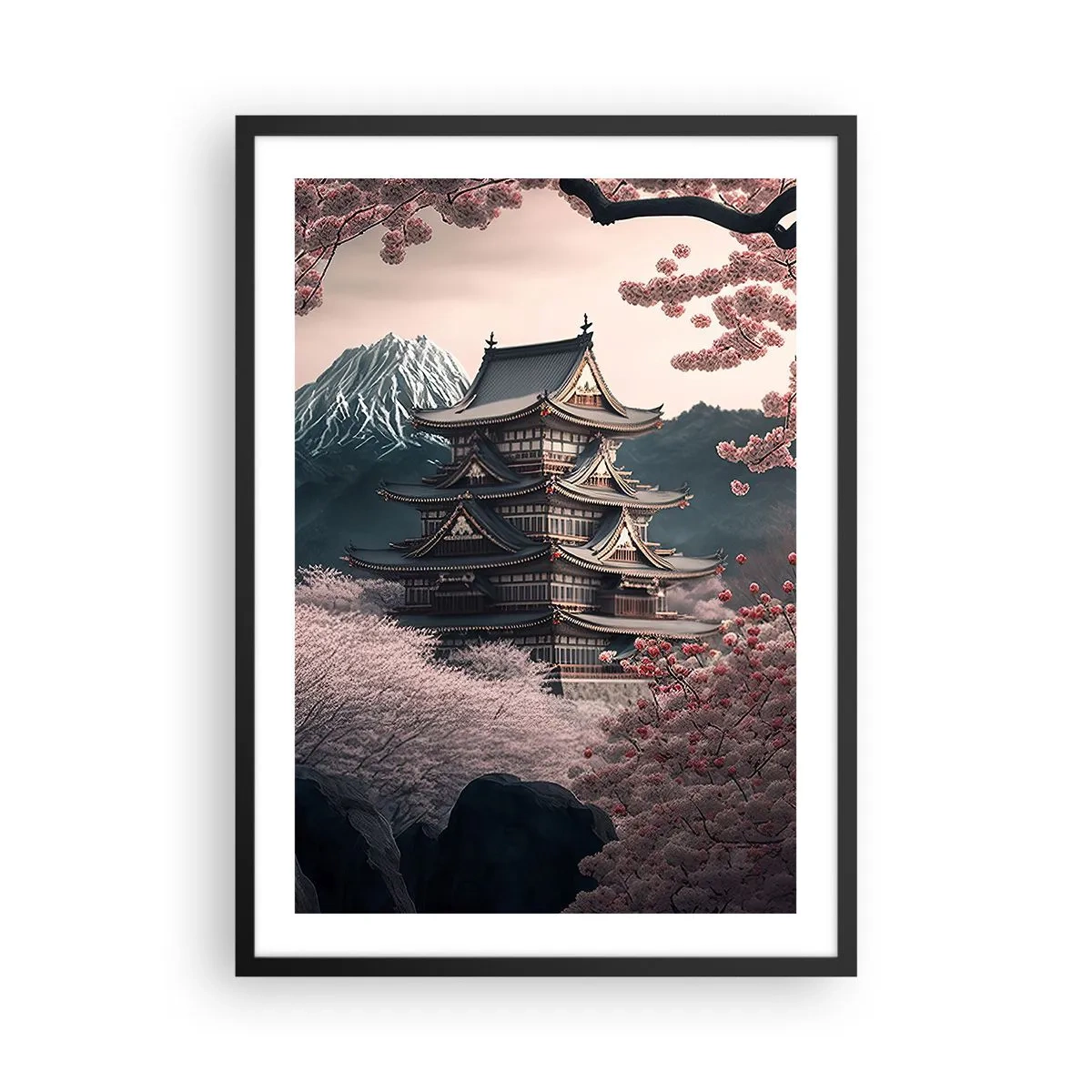 Poster in cornice nera - Pagoda giapponese tra i fiori di ciliegio - 50x70cm - Il Paese dei ciliegi in fiore - Decorazione murale moderna per soggiorno e camera da letto ARTTOR