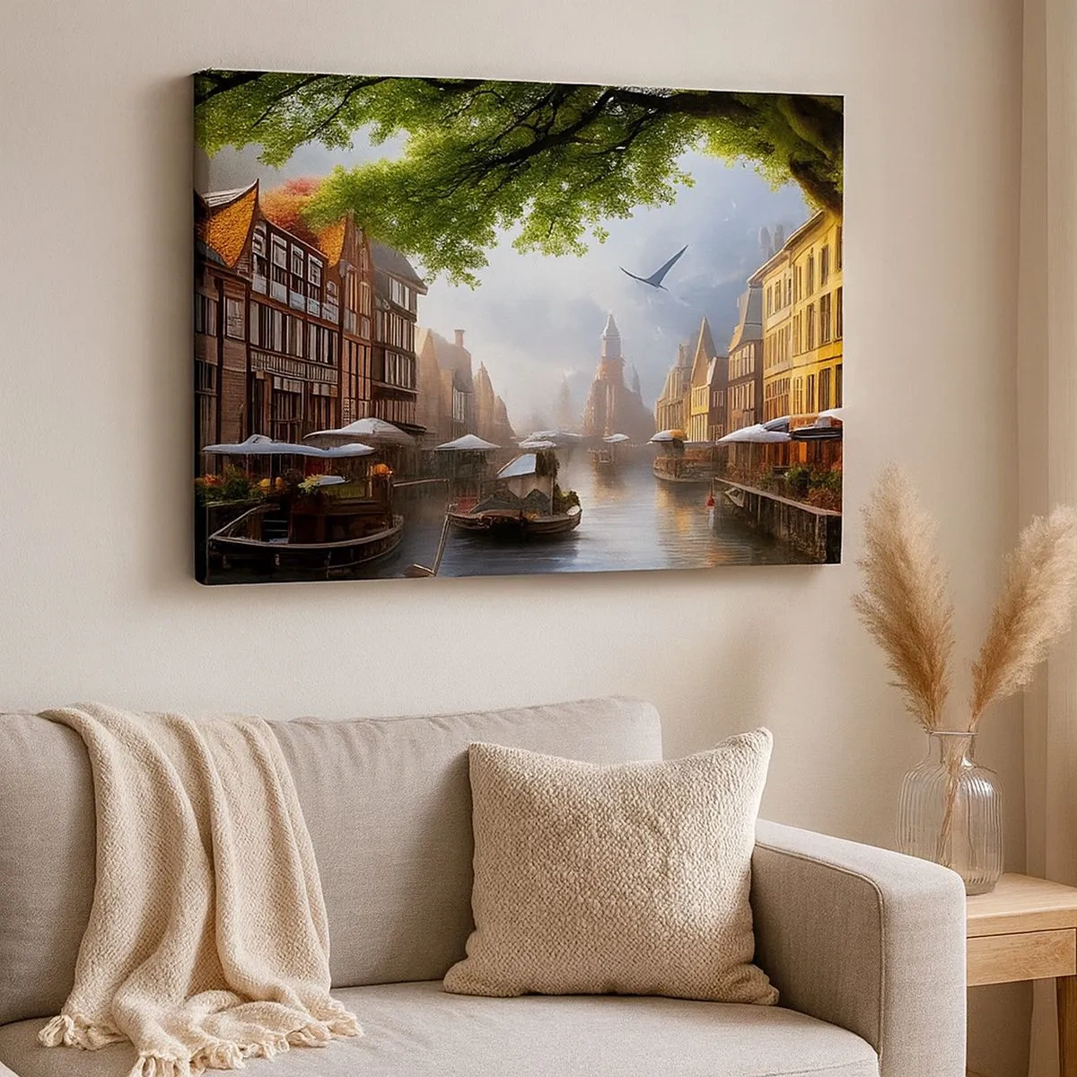 Quadro su tela - Stampe su Tela - Un pittoresco paesaggio olandese con un canale e case popolari - 70x50cm - Paesaggio urbano olandese - Decorazione murale moderna per soggiorno e camera da letto ARTTOR