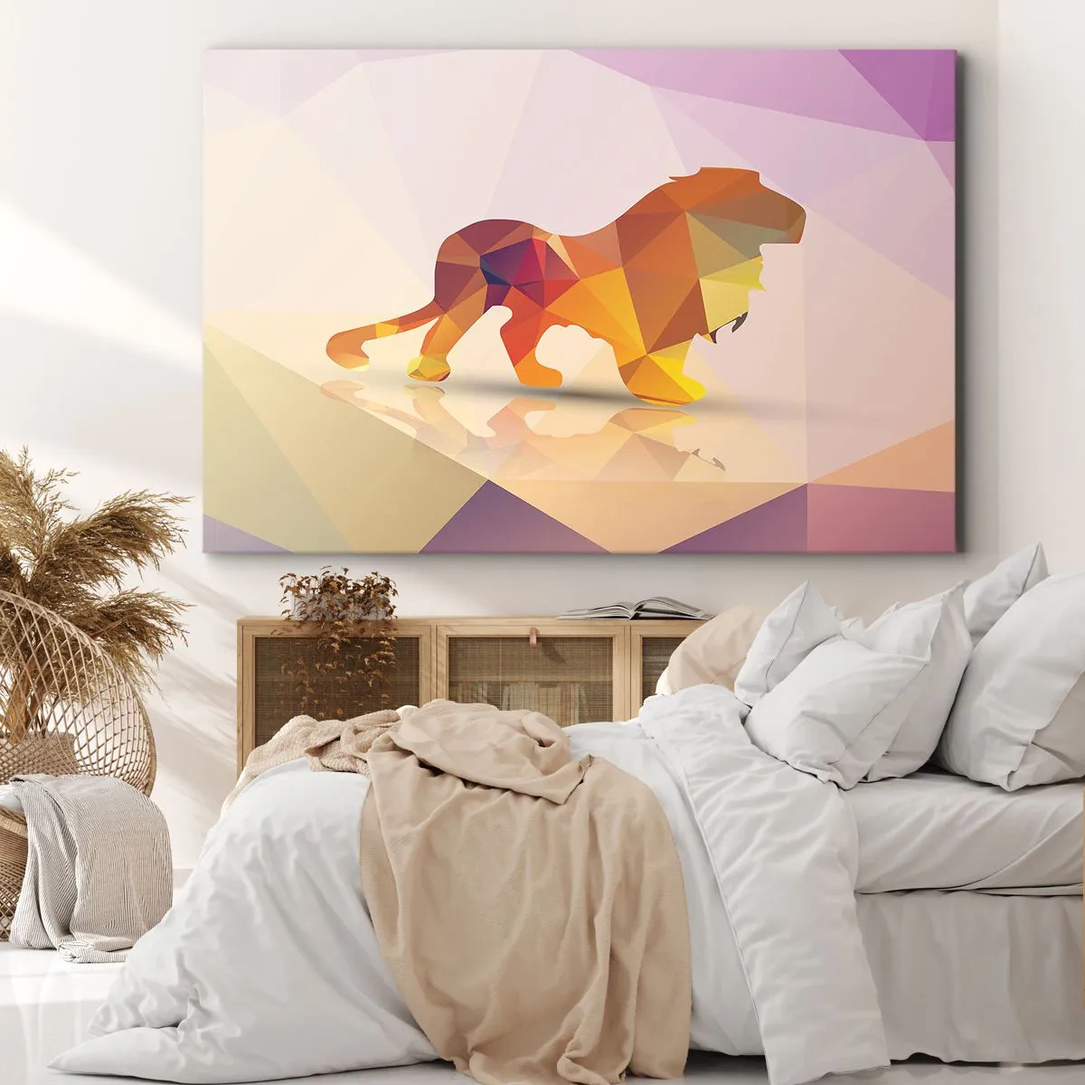 Quadro su tela - Stampe su Tela - Silhouette geometrica di un leone nei toni del giallo e dell'arancione - 70x50cm - Il re di diamante - Decorazione murale moderna per soggiorno e camera da letto ARTTOR