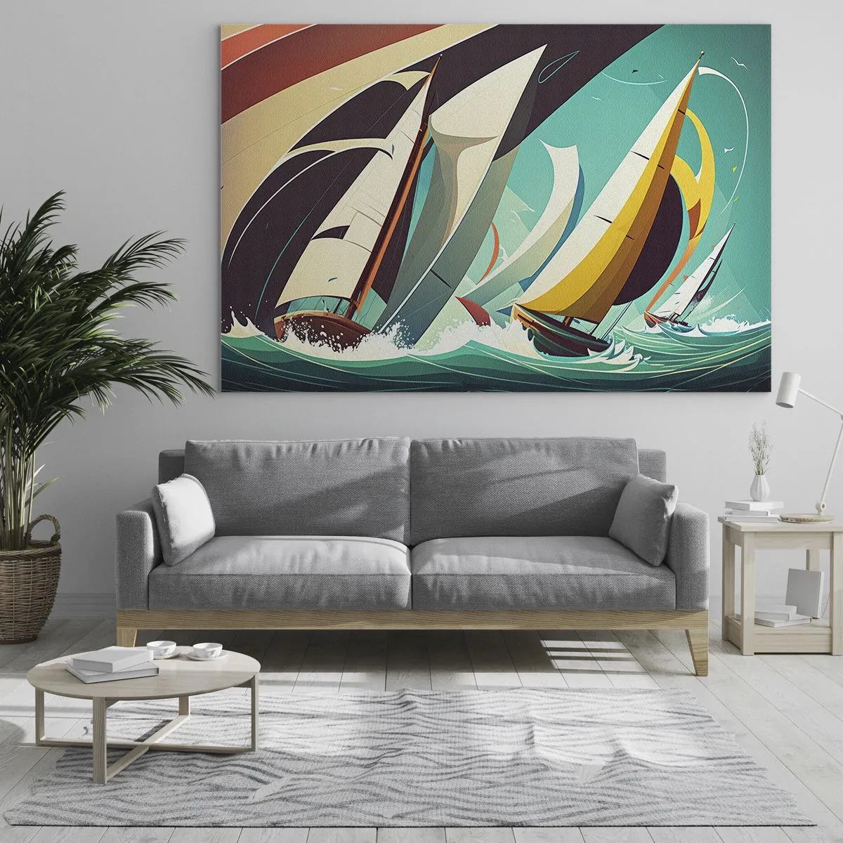 Quadro su vetro - Illustrazione in stile retrò di barche a vela in un mare in tempesta - 70x50cm - Compagne degli elementi - Decorazione murale moderna per soggiorno e camera da letto ARTTOR