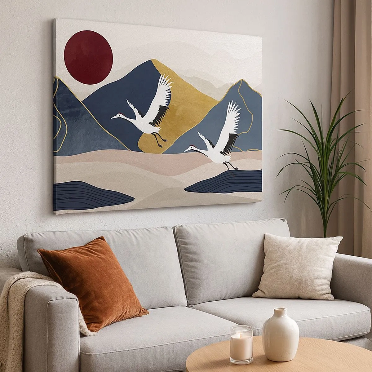 Quadro su tela - Stampe su Tela - Gru in volo sullo sfondo di montagne e un sole rosso - 70x50cm - E la giornata è nuovamente VOLATA - Decorazione murale moderna per soggiorno e camera da letto ARTTOR