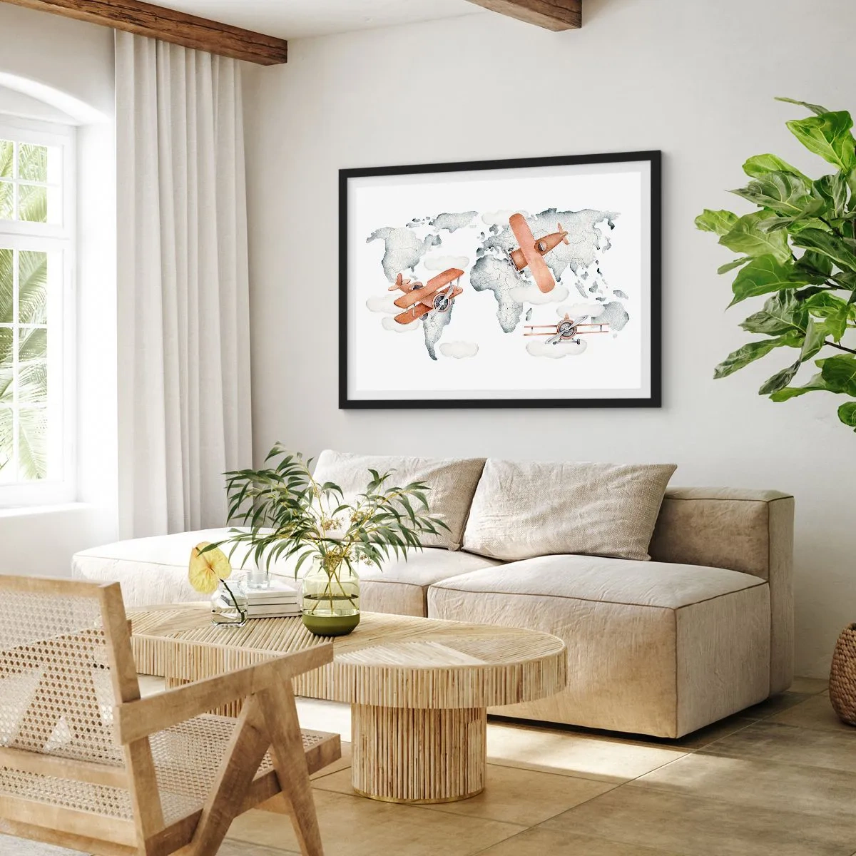 Poster in cornice nera - Illustrazione di una mappa del mondo con aeroplani - 70x50cm - Nello spirito dei pionieri - Decorazione murale moderna per soggiorno e camera da letto ARTTOR