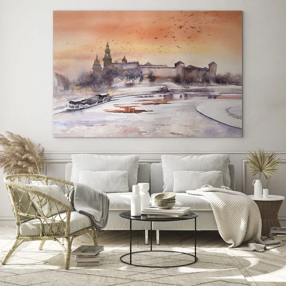 Quadro su vetro - Tramonto sul castello reale e sul fiume in inverno - 70x50cm - Tramonto reale - Decorazione murale moderna per soggiorno e camera da letto ARTTOR