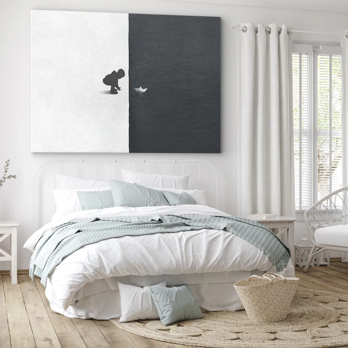 Quadro su tela - Stampe su Tela - La figura di un bambino con una barchetta di carta su uno sfondo di metà contrastanti - 70x50cm - La grande spedizione - Decorazione murale moderna per soggiorno e camera da letto ARTTOR