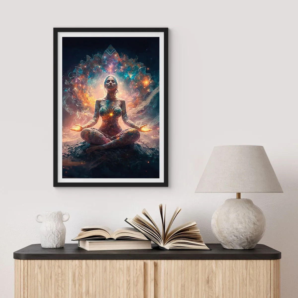 Poster in cornice nera - Meditazione mistica immersa nell'energia cosmica - 50x70cm - Un flusso di energia buona - Decorazione murale moderna per soggiorno e camera da letto ARTTOR