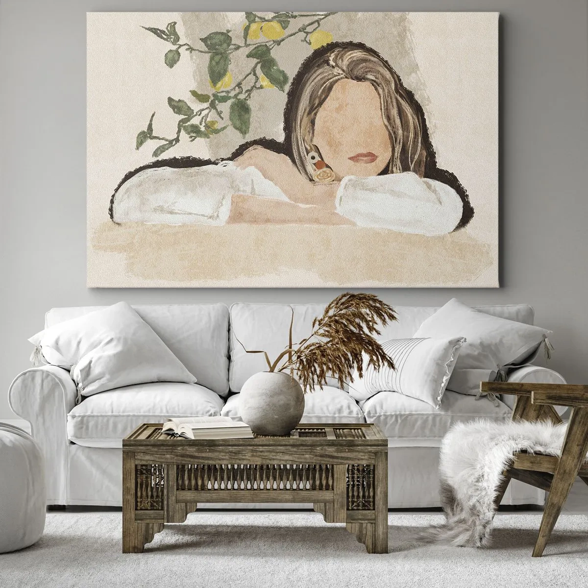 Quadro su tela - Stampe su Tela - La figura di una donna sullo sfondo di un albero di limone - 70x50cm - Bellezza del sud - Decorazione murale moderna per soggiorno e camera da letto ARTTOR