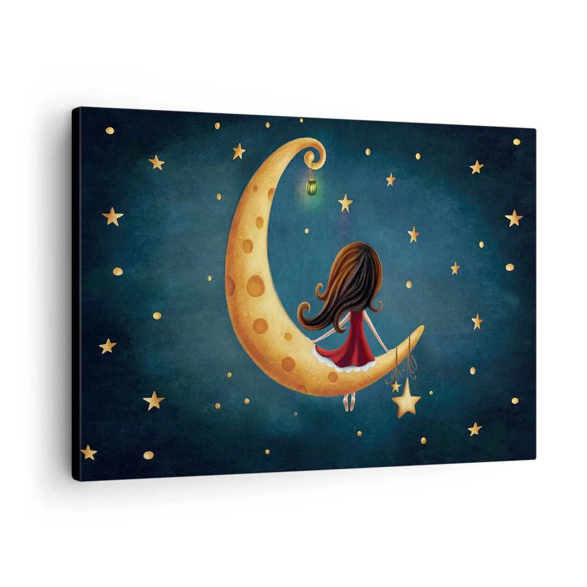 Quadro su tela - Stampe su Tela - Una ragazza sulla luna circondata dalle stelle - 70x50cm - Una volta... - Decorazione murale moderna per soggiorno e camera da letto ARTTOR