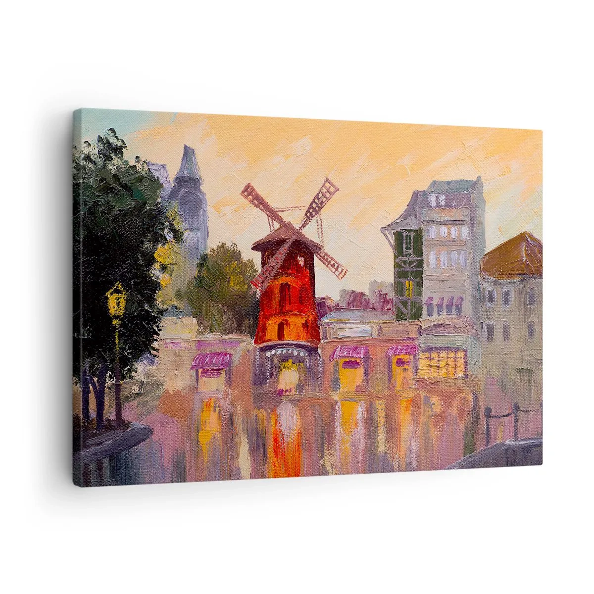 Quadro su tela - Stampe su Tela - Il mulino a vento rosso del Moulin Rouge circondato dal paesaggio urbano - 70x50cm - Le icone di Parigi: il Moulin Rouge - Decorazione murale moderna per soggiorno e camera da letto ARTTOR