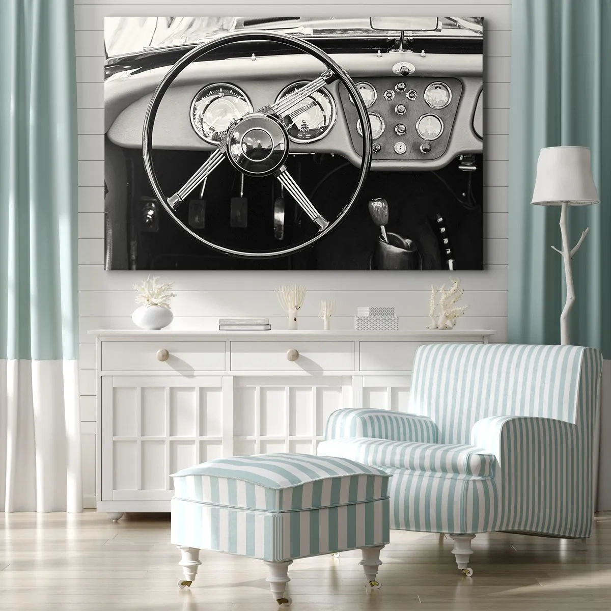 Quadro su tela - Stampe su Tela - Interni di auto d'epoca in bianco e nero - 70x50cm - Il sogno del collezionista - Decorazione murale moderna per soggiorno e camera da letto ARTTOR