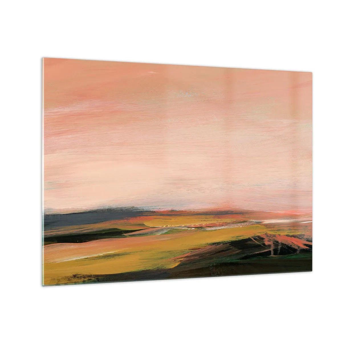 Quadro su vetro - Un paesaggio astratto nelle tonalità del rosa e del verde sporco. - 70x50cm - In tonalità di rosa - Decorazione murale moderna per soggiorno e camera da letto ARTTOR