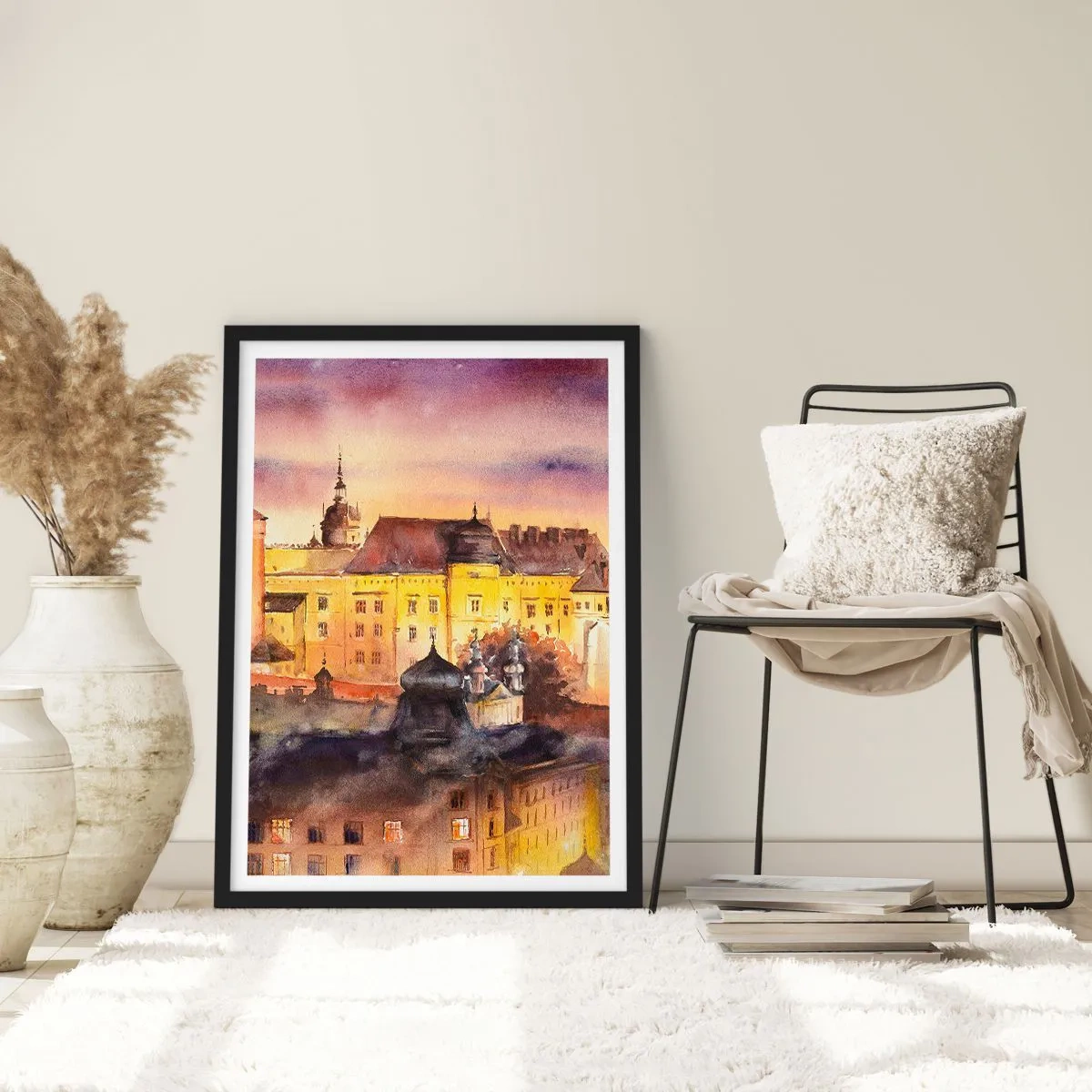 Poster in cornice nera - Una vista pittoresca della città alla luce del sole al tramonto - 50x70cm - Storia e fiaba - Decorazione murale moderna per soggiorno e camera da letto ARTTOR
