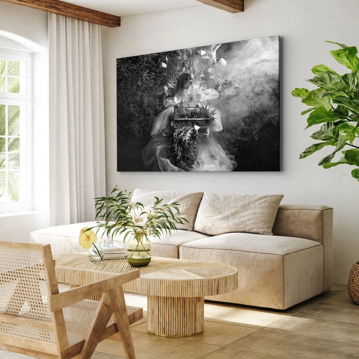 Quadro su tela - Stampe su Tela - Una composizione in bianco e nero con una figura vestita e una gabbia nella nebbia. - 70x50cm - Madre natura stessa - Decorazione murale moderna per soggiorno e camera da letto ARTTOR