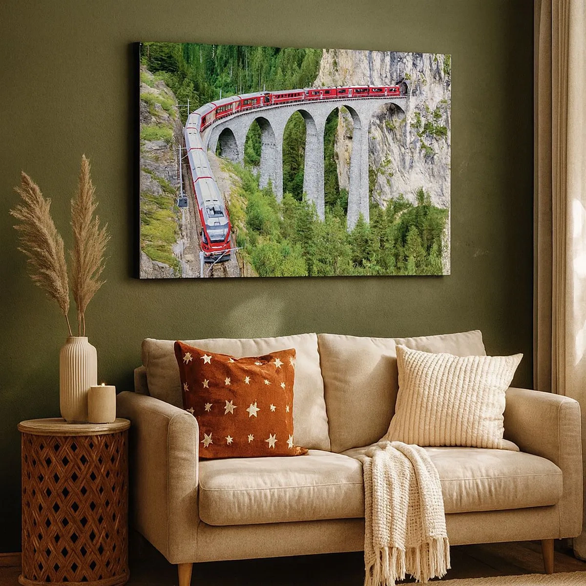 Quadro su tela - Stampe su Tela - Un treno su un pittoresco viadotto in un paesaggio montuoso - 70x50cm - Il treno tra i monti - Decorazione murale moderna per soggiorno e camera da letto ARTTOR