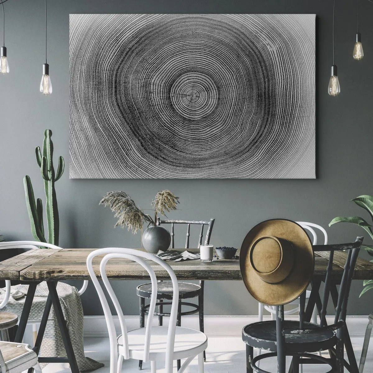 Quadro su tela - Stampe su Tela - Modello di anelli di un albero in bianco e nero che mostra una sezione trasversale del tronco - 70x50cm - I segni del tempo - Decorazione murale moderna per soggiorno e camera da letto ARTTOR