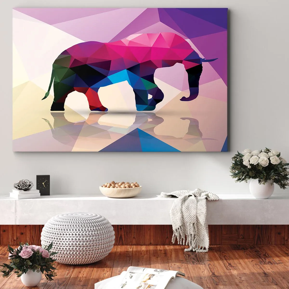 Quadro su tela - Stampe su Tela - Silhouette geometrica di un elefante in colori vivaci - 70x50cm - Il dinosauro di cristallo - Decorazione murale moderna per soggiorno e camera da letto ARTTOR