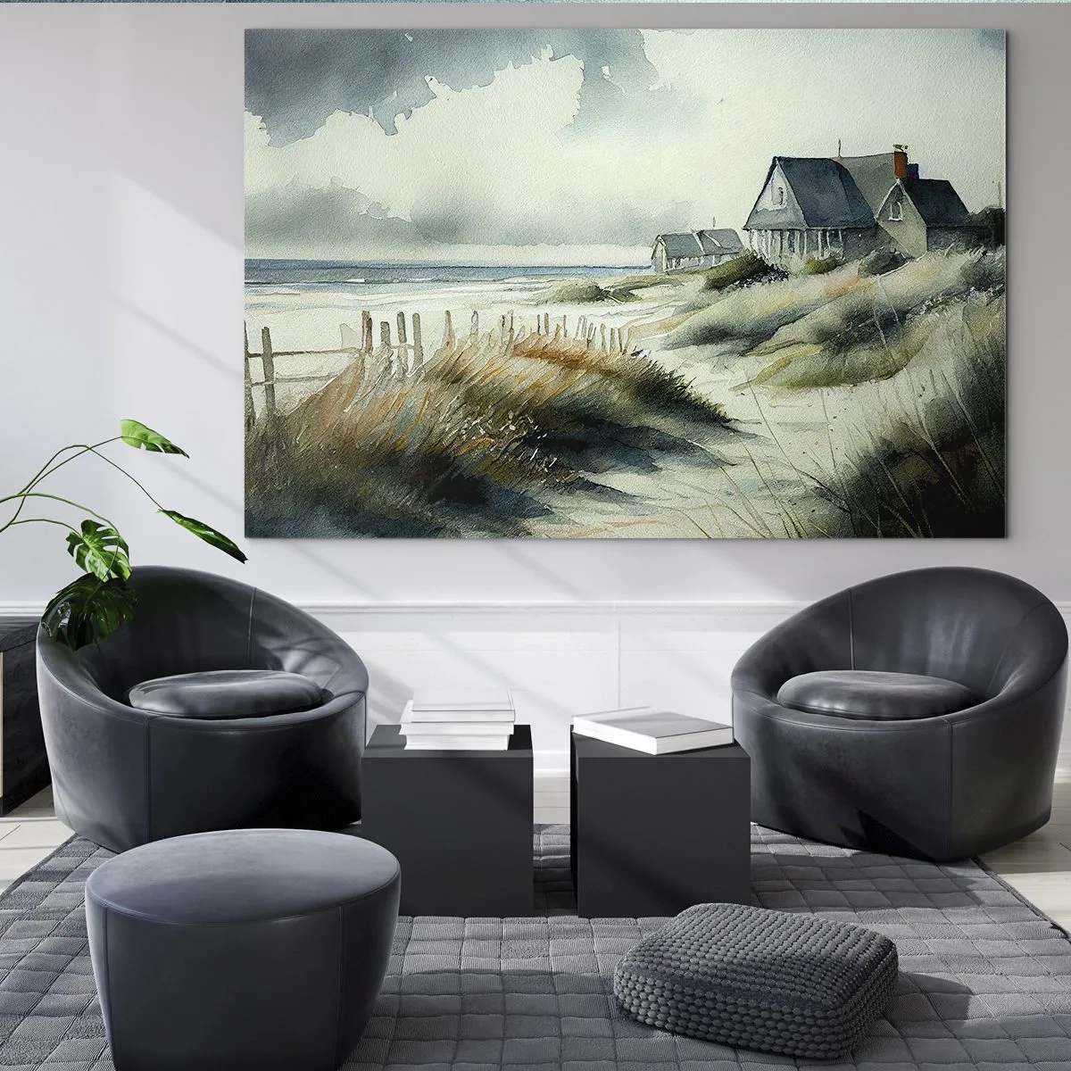Quadro su vetro - Case sulle dune in riva al mare sotto un cielo nuvoloso - 70x50cm - Lontano dal caos - Decorazione murale moderna per soggiorno e camera da letto ARTTOR