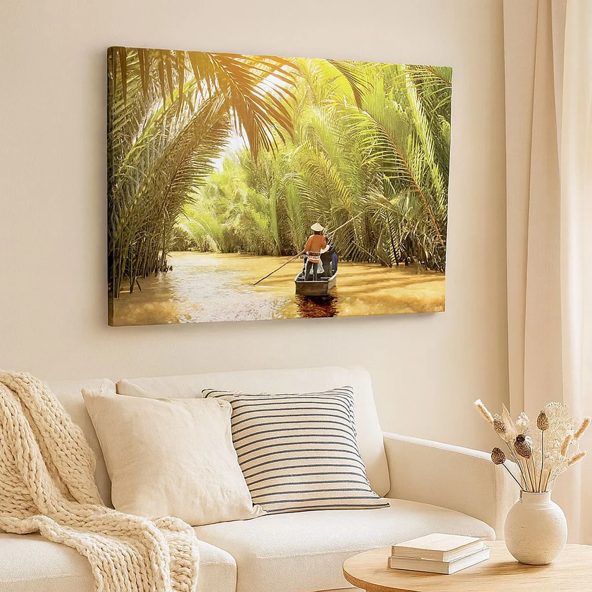 Quadro su tela - Stampe su Tela - Una barca su un fiume circondata da vegetazione tropicale - 70x50cm - Tunnel di palme - Decorazione murale moderna per soggiorno e camera da letto ARTTOR
