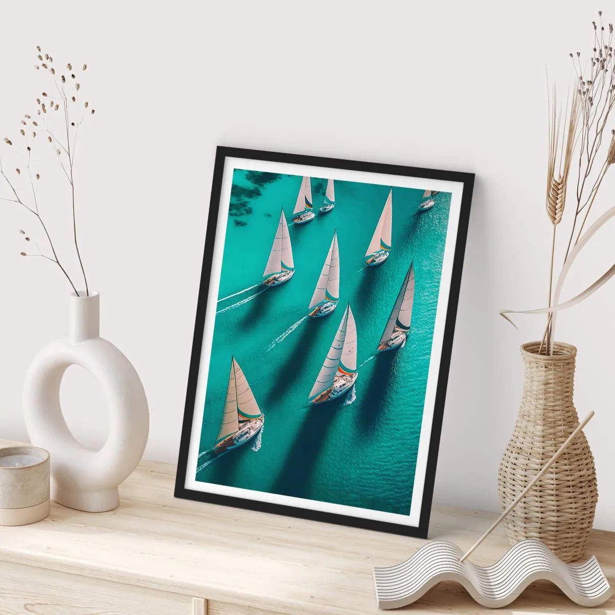 Poster in cornice nera - Regata velica su acque turchesi - 50x70cm - In gara con il vento - Decorazione murale moderna per soggiorno e camera da letto ARTTOR
