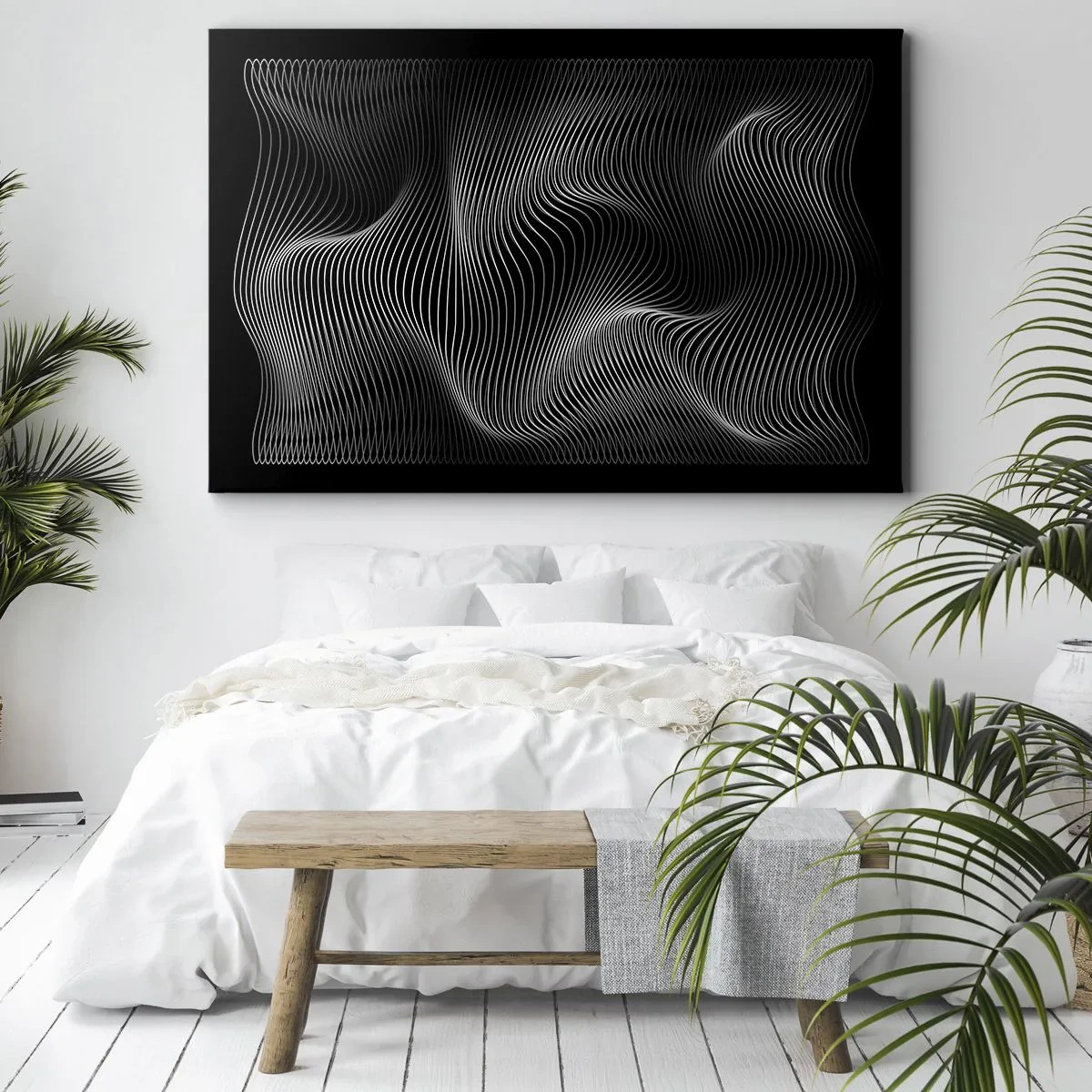Quadro su tela - Stampe su Tela - Linee bianche astratte su sfondo nero - 70x50cm - La danza della luce nello spazio - Decorazione murale moderna per soggiorno e camera da letto ARTTOR