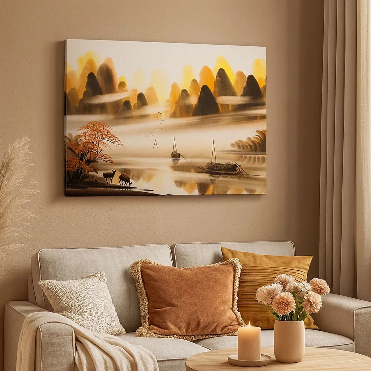 Quadro su tela - Stampe su Tela - Un paesaggio orientale con un fiume, montagne e una leggera nebbia. - 70x50cm - Oltre l'Estremo Oriente - Decorazione murale moderna per soggiorno e camera da letto ARTTOR