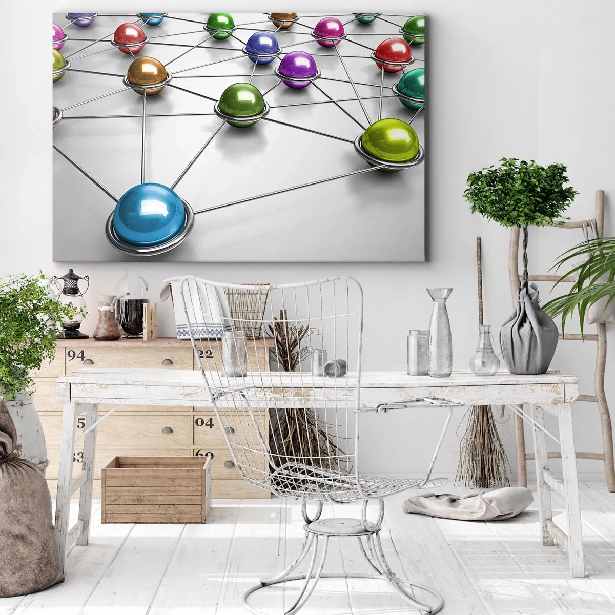 Quadro su tela - Stampe su Tela - Palline colorate collegate da linee sottili su uno sfondo bianco - 70x50cm - Ragnatela cosmica - Decorazione murale moderna per soggiorno e camera da letto ARTTOR