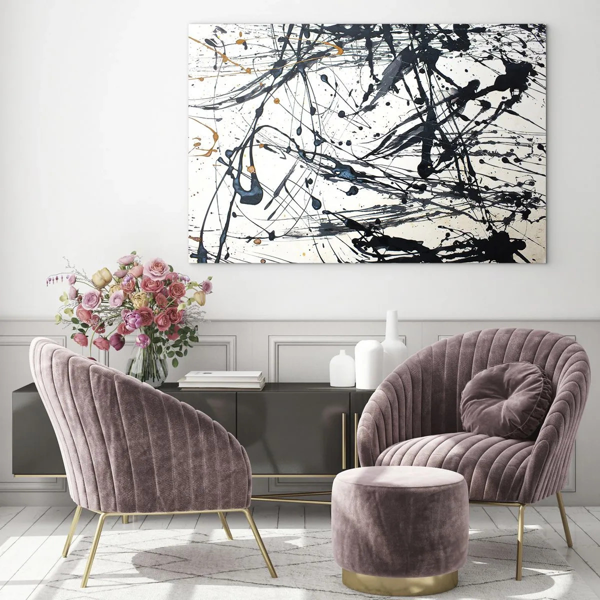 Quadro su vetro - Schizzi di vernice dinamici su uno sfondo bianco - 70x50cm - Astrazione espressionistica - Decorazione murale moderna per soggiorno e camera da letto ARTTOR