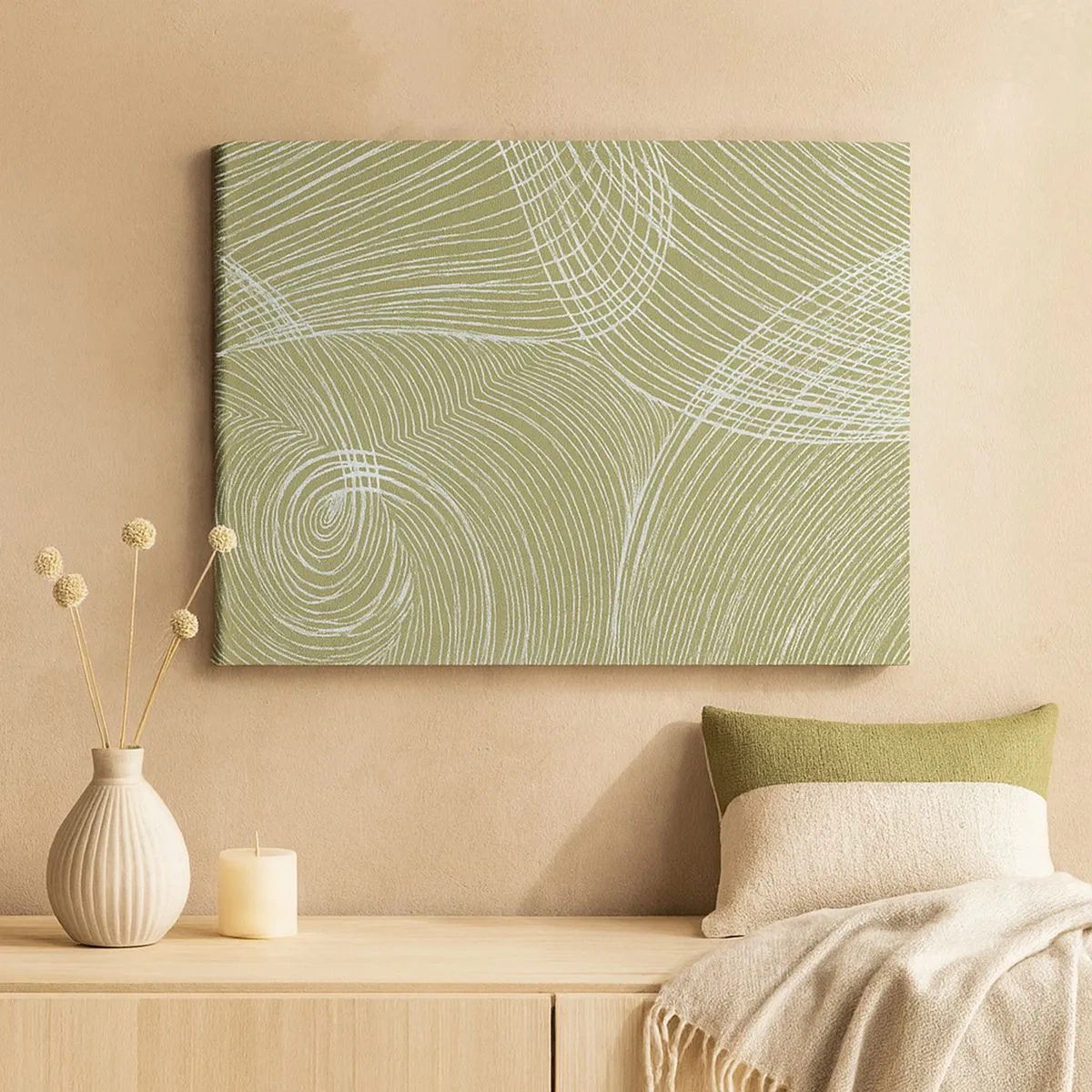 Quadro su tela - Stampe su Tela - Linee verdi e bianche in una composizione astratta - 70x50cm - Astrazione intricata in bianco - Decorazione murale moderna per soggiorno e camera da letto ARTTOR