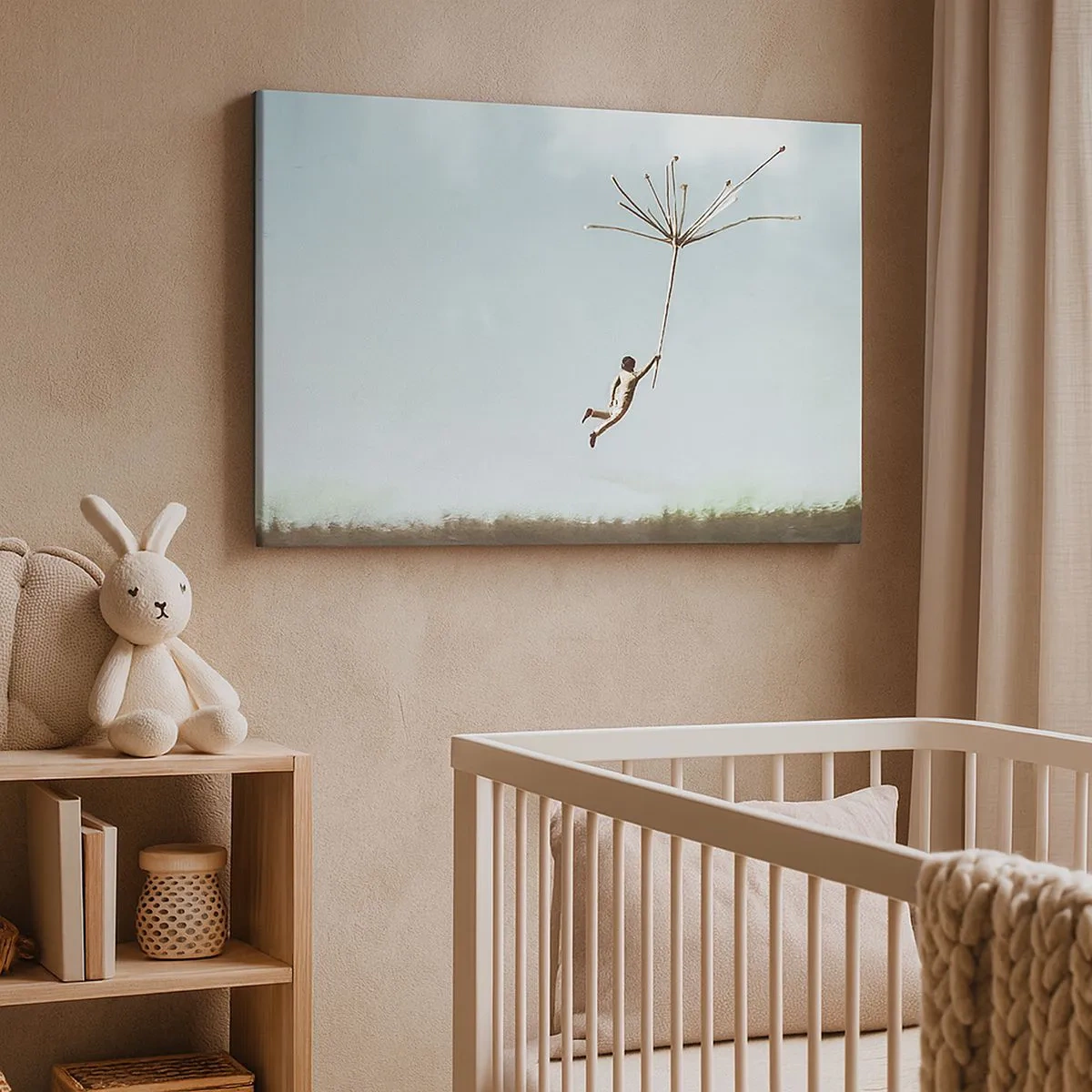 Quadro su tela - Stampe su Tela - Una figura sollevata da un grande seme di tarassaco - 70x50cm - Aquiloni, denti di leone, vento - Decorazione murale moderna per soggiorno e camera da letto ARTTOR