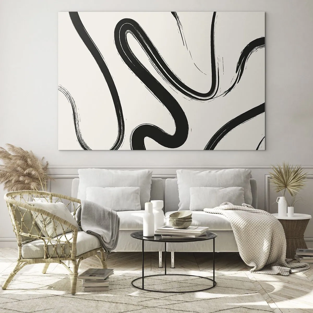 Quadro su vetro - Linee nere dinamiche su uno sfondo chiaro in stile astratto. - 70x50cm - Capriccio bianco e nero - Decorazione murale moderna per soggiorno e camera da letto ARTTOR