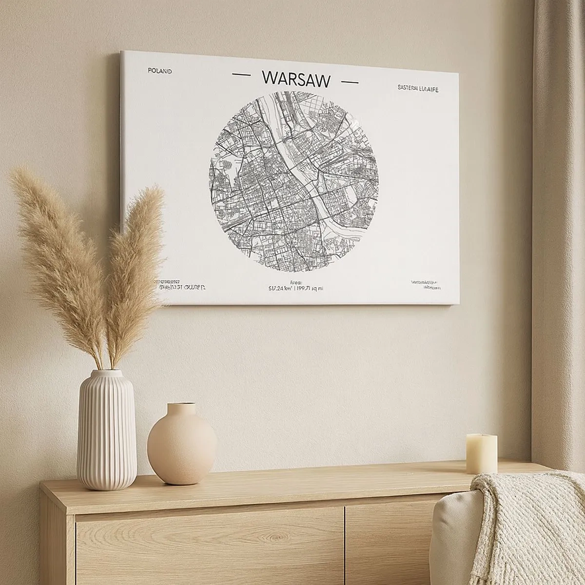 Quadro su tela - Stampe su Tela - Una mappa di Varsavia in stile minimalista - 70x50cm - Anatomia di Varsavia - Decorazione murale moderna per soggiorno e camera da letto ARTTOR