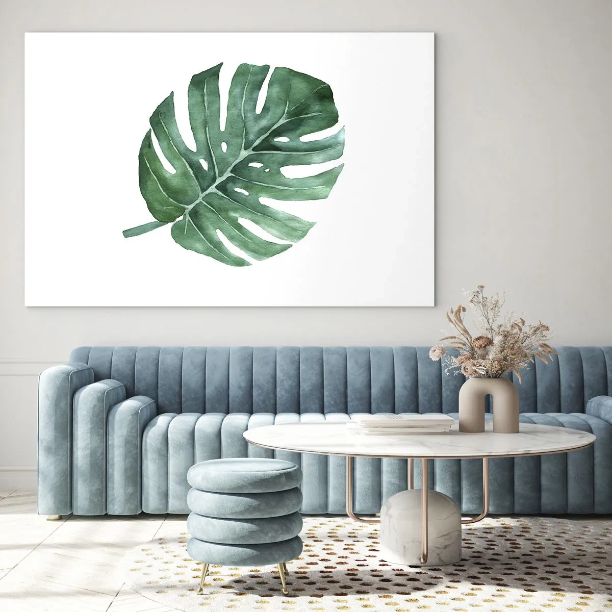 Quadro su vetro - Foglia di monstera verde su sfondo bianco - 70x50cm - Concetto verde - Decorazione murale moderna per soggiorno e camera da letto ARTTOR