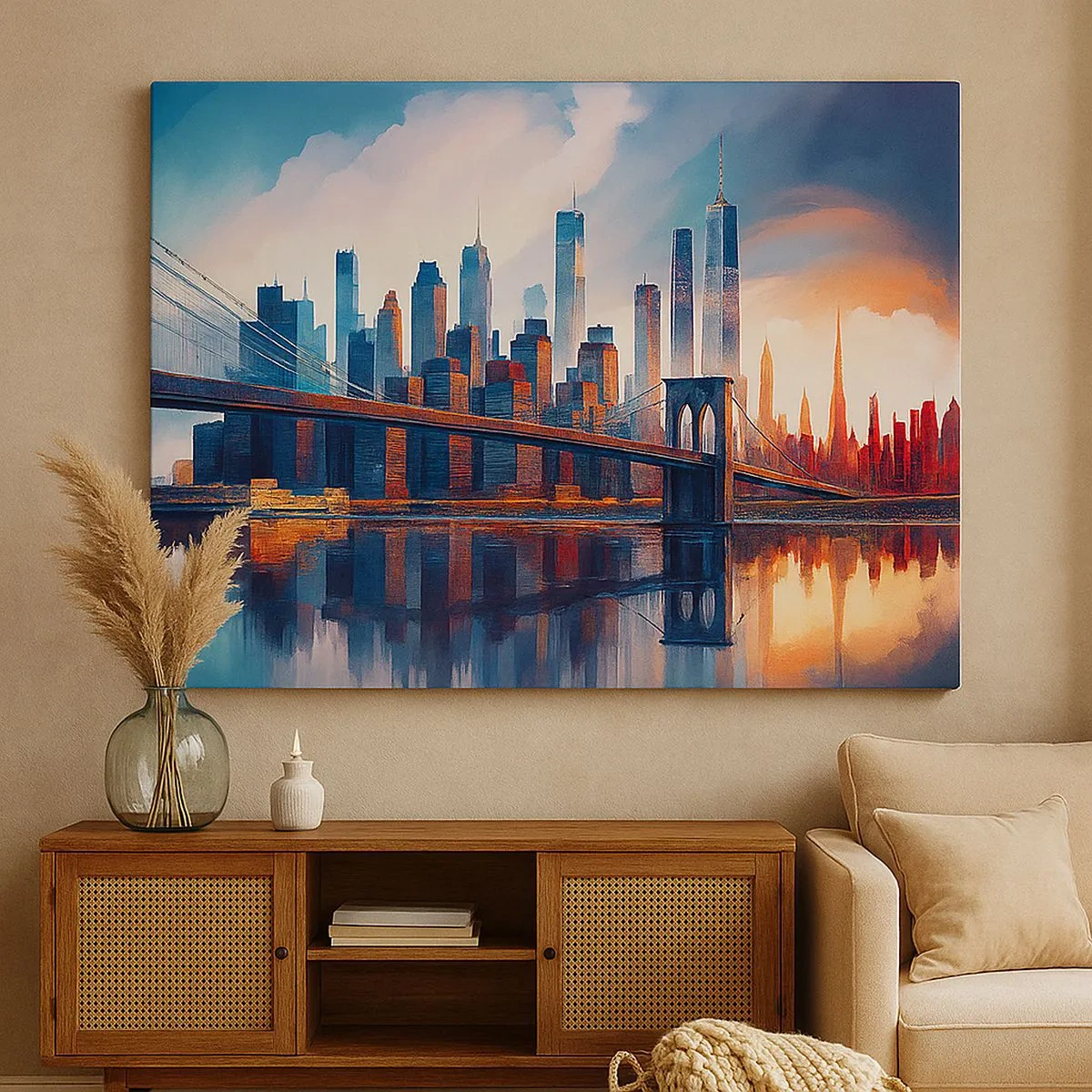 Quadro su tela - Stampe su Tela - Panorama di New York City con ponte e riflesso nell'acqua - 70x50cm - Una New York spettacolare - Decorazione murale moderna per soggiorno e camera da letto ARTTOR