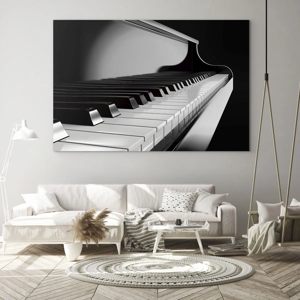 Quadro su vetro - Tastiera di pianoforte in bianco e nero in prospettiva - 70x50cm - Armonia di forme e colori - Decorazione murale moderna per soggiorno e camera da letto ARTTOR