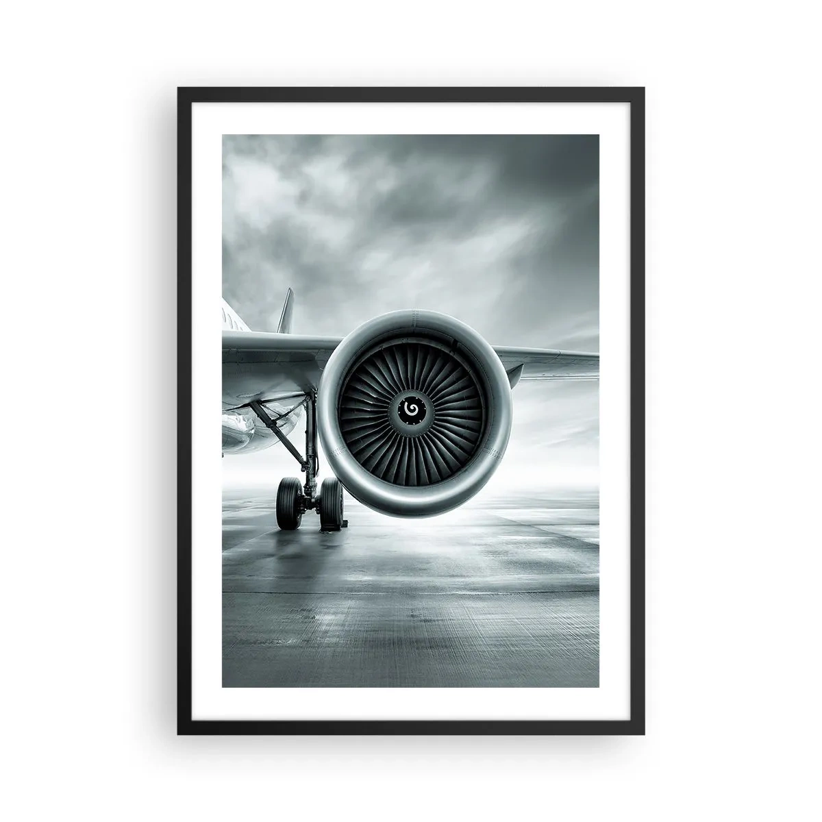 Poster in cornice nera - Un motore a reazione di aereo in toni monocromatici - 50x70cm - C'è la forza! - Decorazione murale moderna per soggiorno e camera da letto ARTTOR