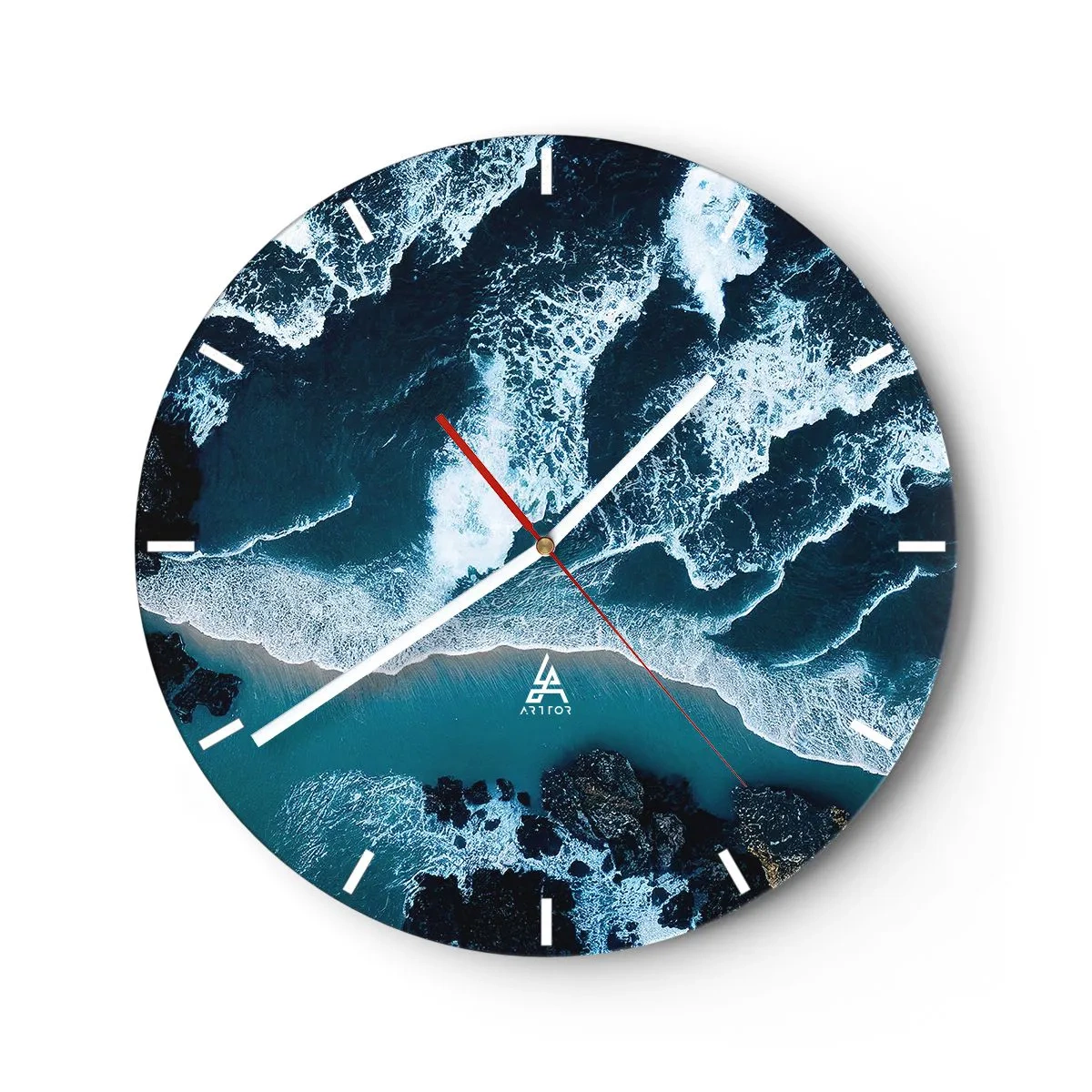 Orologio da parete - Orologio in Vetro - Onde che si infrangono sulla riva viste da una prospettiva a volo d'uccello - 30x30cm - Avvolte dalle onde - Decorazione murale moderna per soggiorno, cucina e camera da letto ARTTOR