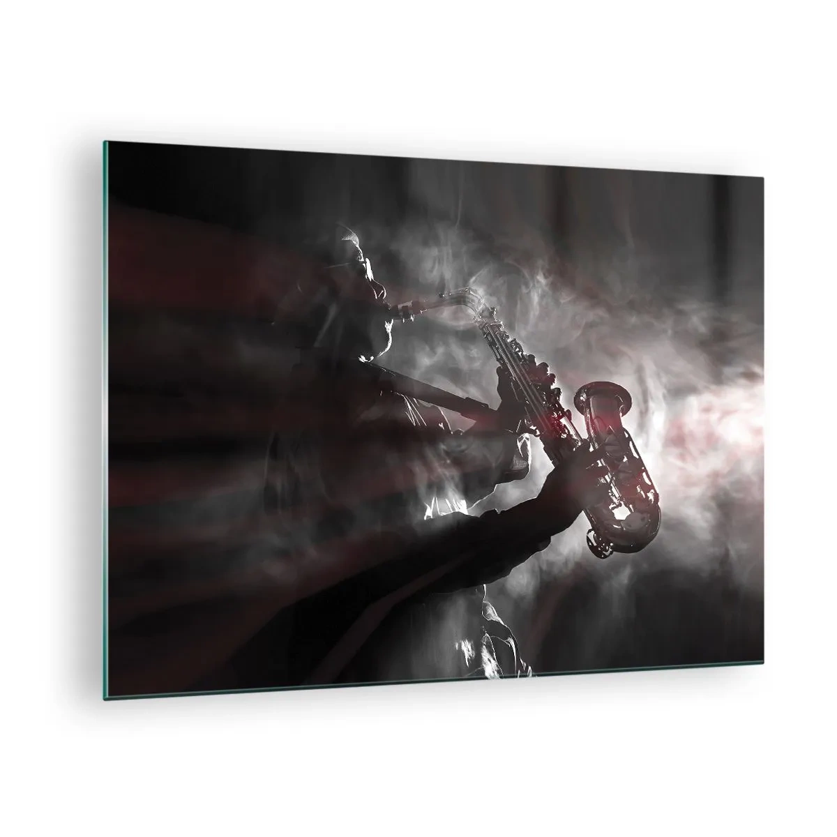 Quadro su vetro - Sassofonista in una nebbia di fumo in bianco e nero - 70x50cm - Nei fumi del jazz - Decorazione murale moderna per soggiorno e camera da letto ARTTOR