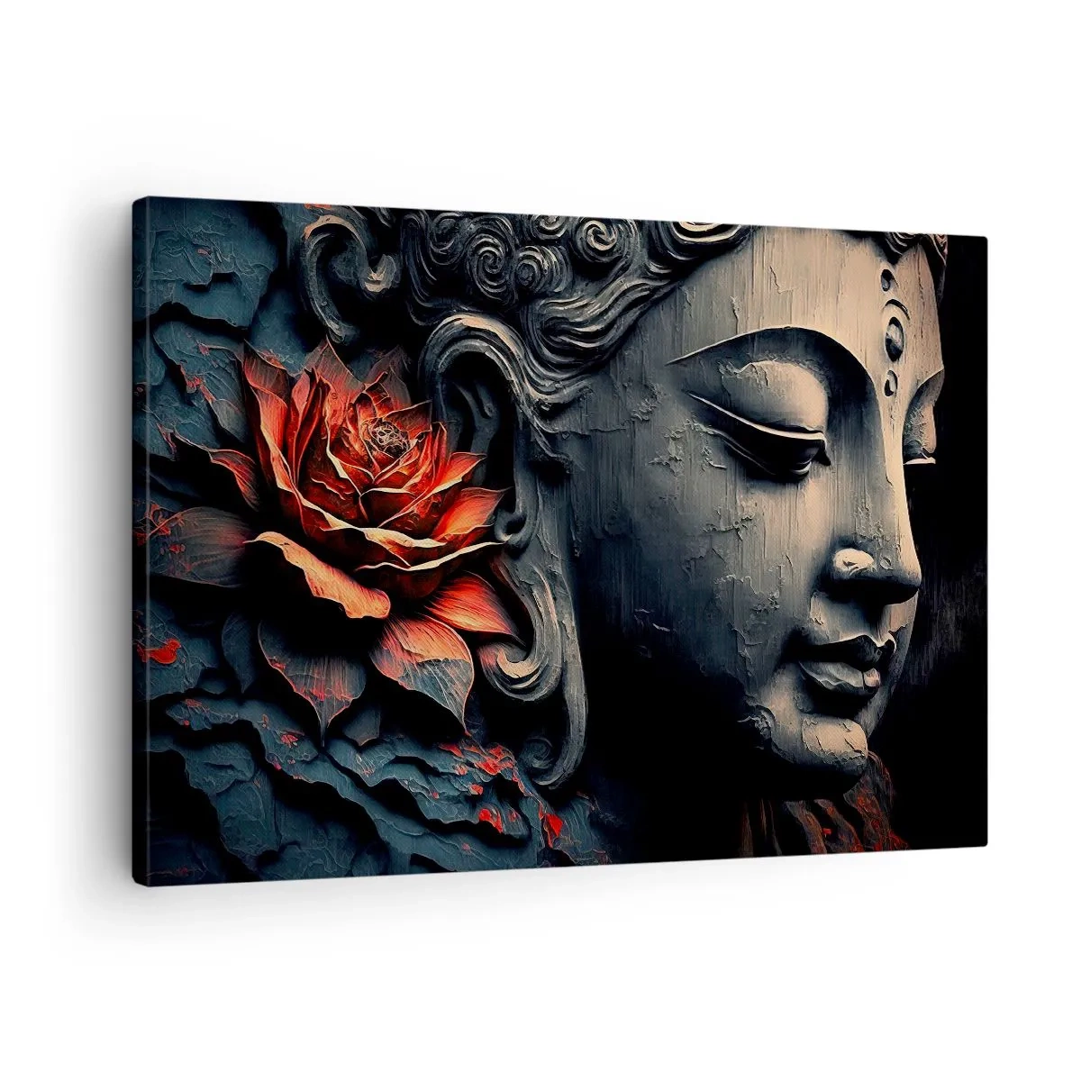 Quadro su tela - Stampe su Tela - Scultura del Buddha con un fiore di loto rosso - 70x50cm - In armonia con il mondo - Decorazione murale moderna per soggiorno e camera da letto ARTTOR
