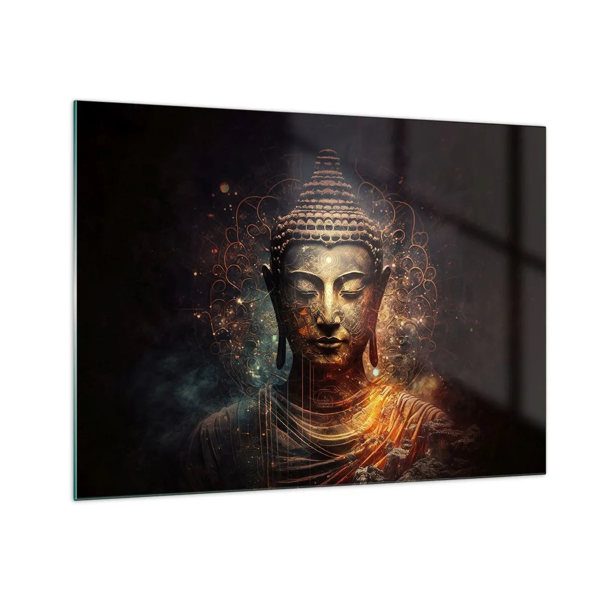 Quadro su vetro - Una figura dorata del Buddha su uno sfondo scuro con ornamenti - 70x50cm - Equilibrio spirituale - Decorazione murale moderna per soggiorno e camera da letto ARTTOR