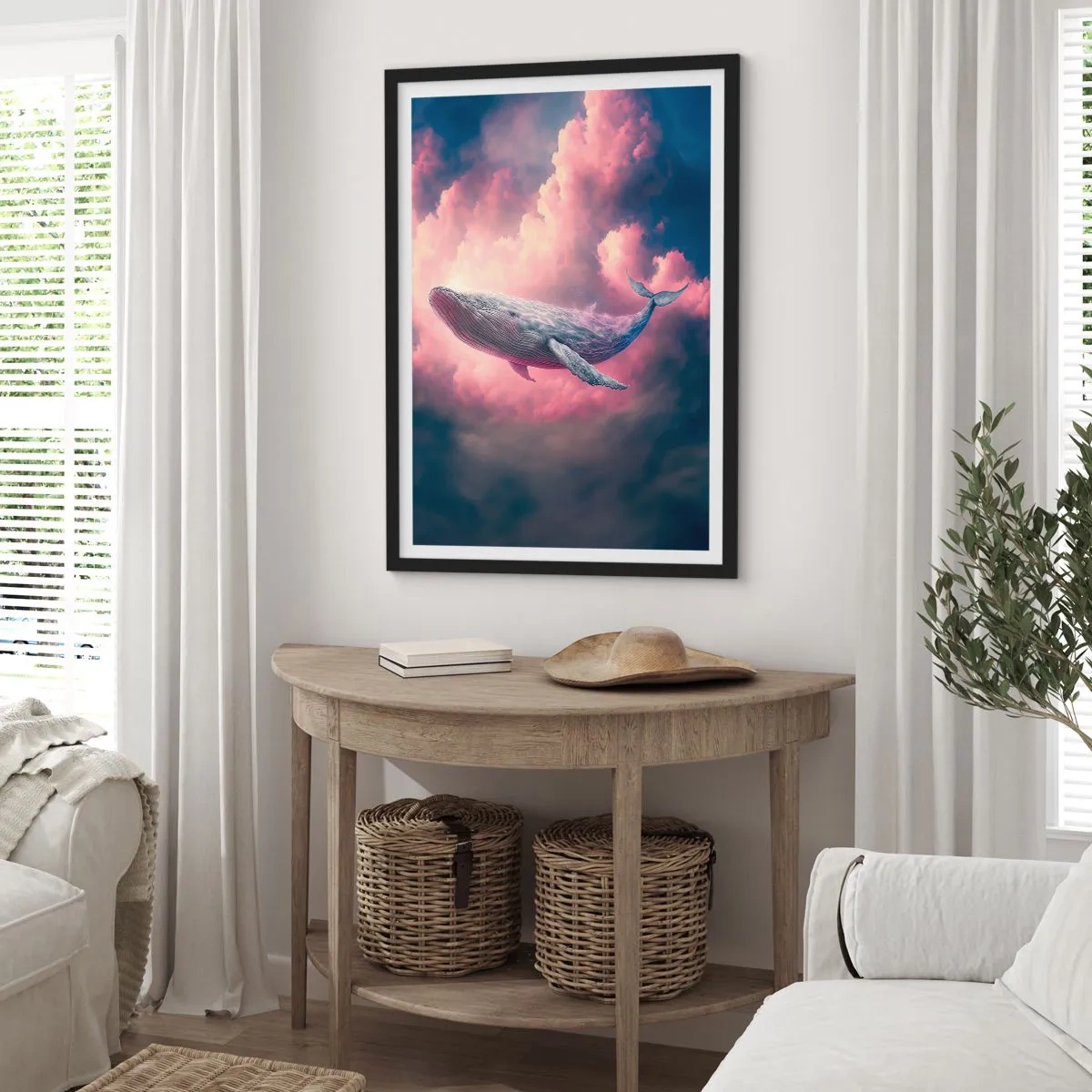 Poster in cornice nera - Una balena vola tra le nuvole rosa al tramonto. - 50x70cm - Strofinati gli occhi - Decorazione murale moderna per soggiorno e camera da letto ARTTOR