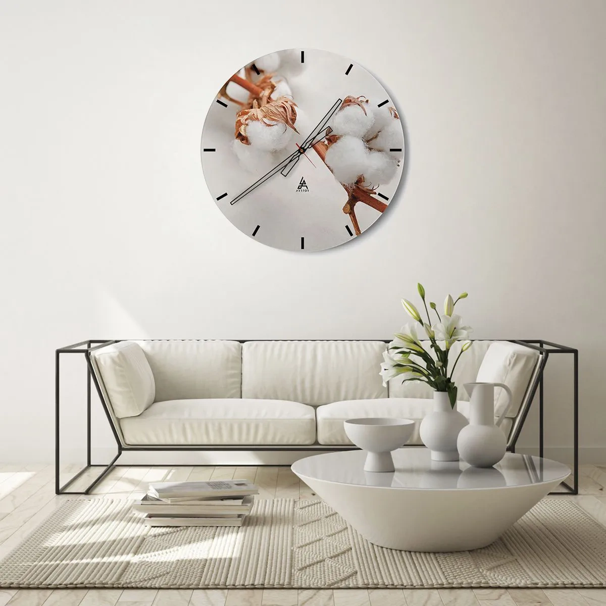 Orologio da parete - Orologio in Vetro - Fiori di cotone bianchi e soffici su uno sfondo chiaro - 30x30cm - Semplicemente un abbraccio - Decorazione murale moderna per soggiorno, cucina e camera da letto ARTTOR