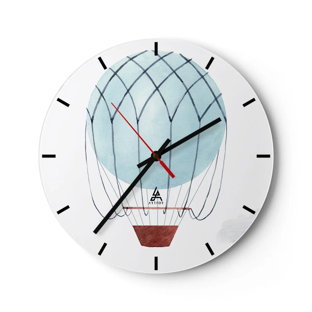 Orologio da parete - Orologio in Vetro - Illustrazione di un palloncino blu su sfondo bianco con un cestino - 30x30cm - In mezzo alle nuvole - Decorazione murale moderna per soggiorno, cucina e camera da letto ARTTOR