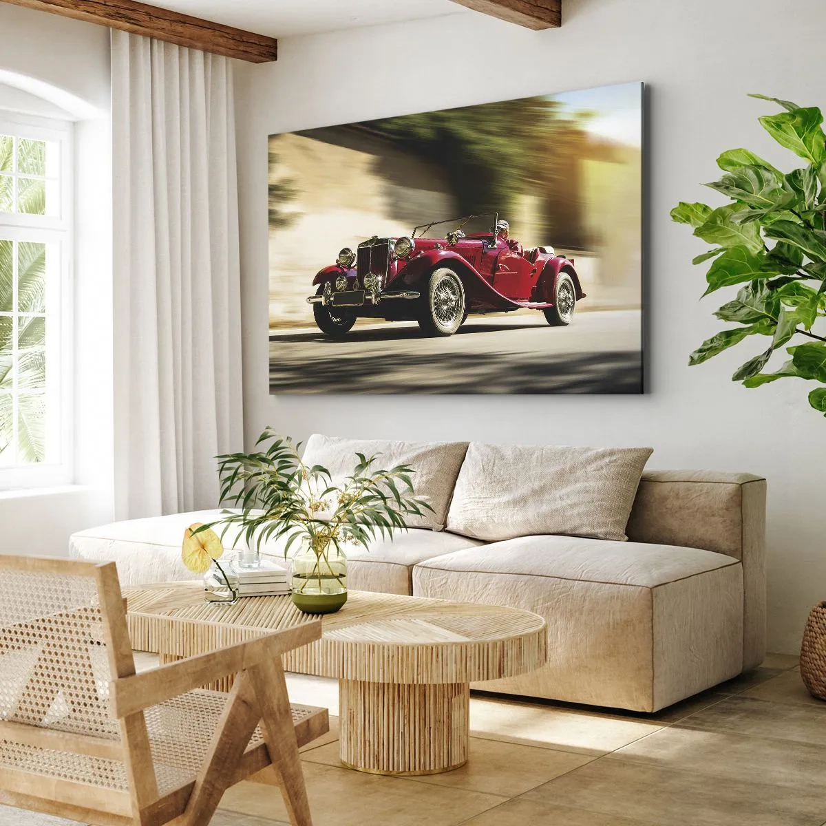 Quadro su tela - Stampe su Tela - Auto d'epoca rossa in movimento su una strada soleggiata - 70x50cm - Più bella della Nike di Samotracia - Decorazione murale moderna per soggiorno e camera da letto ARTTOR