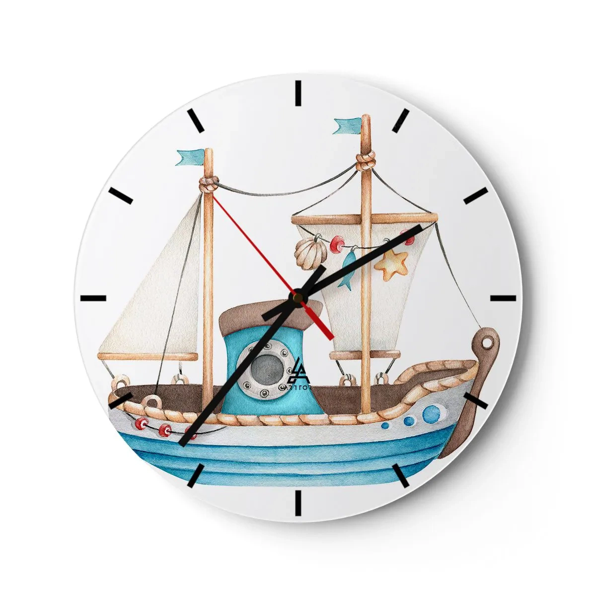 Orologio da parete - Orologio in Vetro - Barca a vela illustrata per bambini con decorazioni nautiche - 30x30cm - Benvenuta avventura! - Decorazione murale moderna per soggiorno, cucina e camera da letto ARTTOR