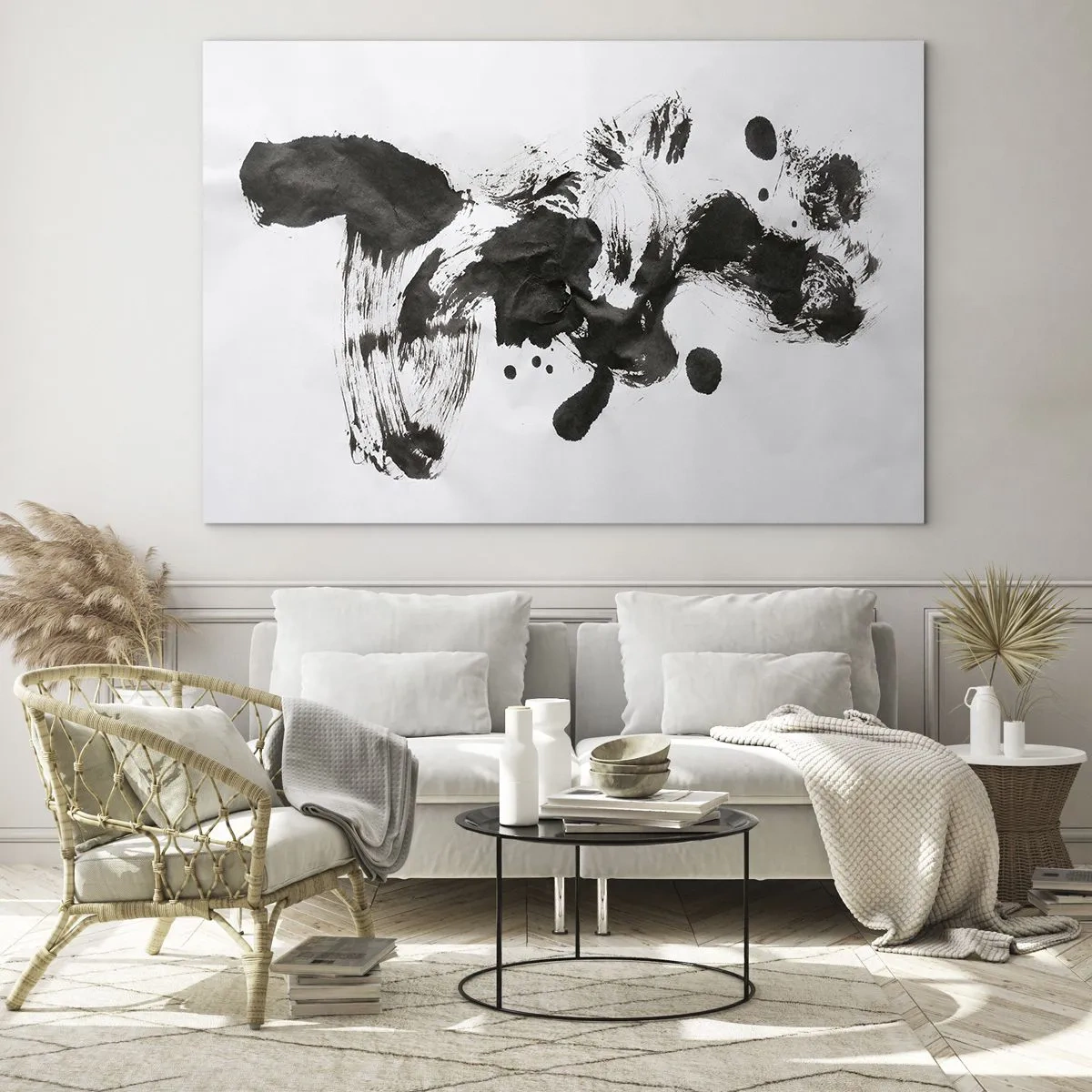 Quadro su vetro - Macchia nera astratta e pennellate su sfondo bianco - 70x50cm - C'è un senso nella follia? - Decorazione murale moderna per soggiorno e camera da letto ARTTOR