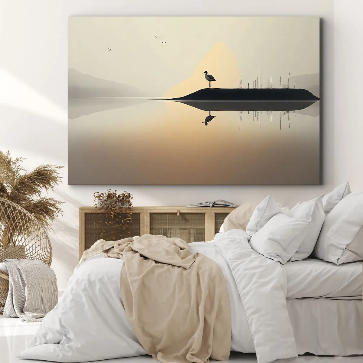 Quadro su tela - Stampe su Tela - Un uccello su un'isola in un lago calmo con tonalità calde - 70x50cm - Il signore del lago - Decorazione murale moderna per soggiorno e camera da letto ARTTOR
