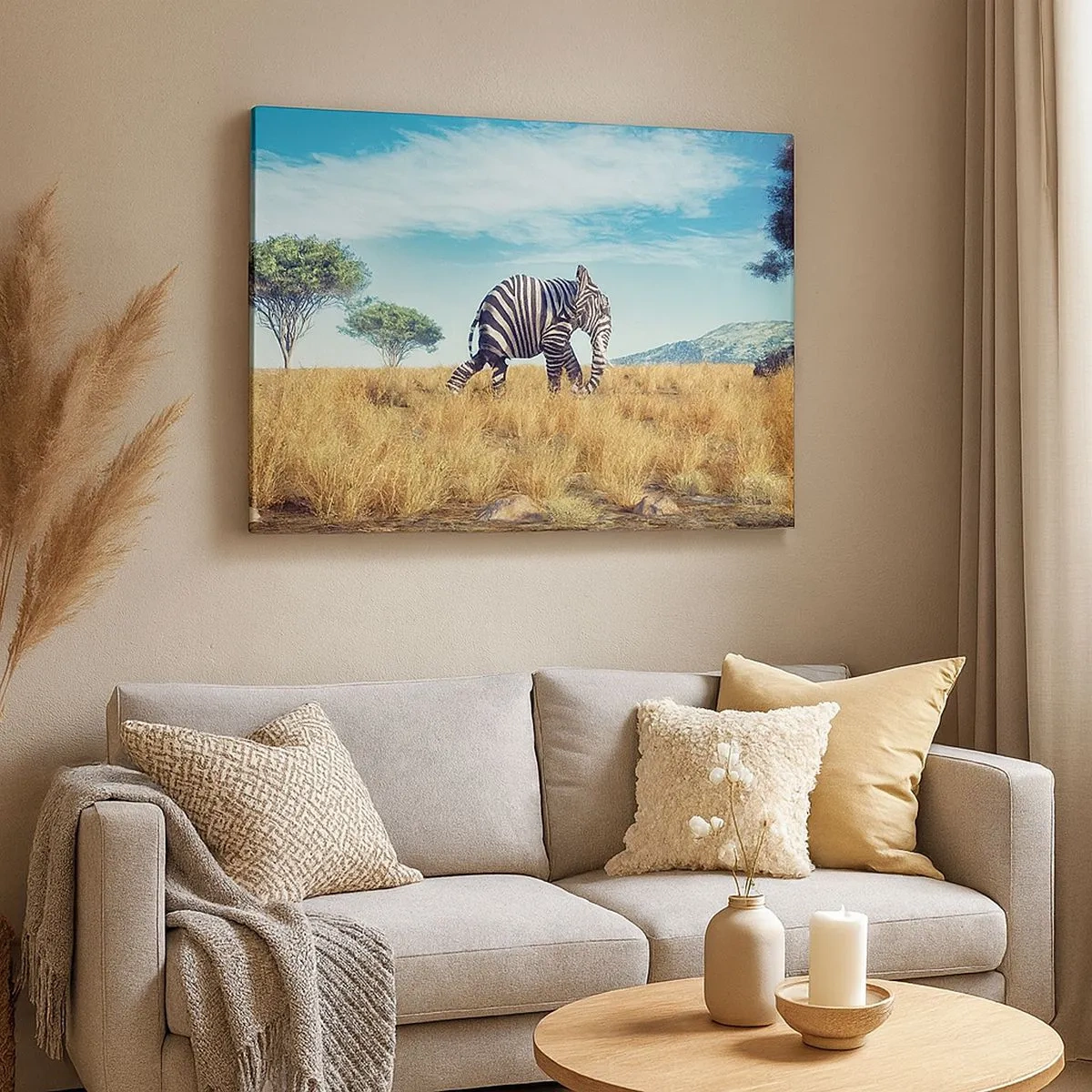 Quadro su tela - Stampe su Tela - Zebra in un paesaggio africano - 70x50cm - Il grigio non è più di moda - Decorazione murale moderna per soggiorno e camera da letto ARTTOR