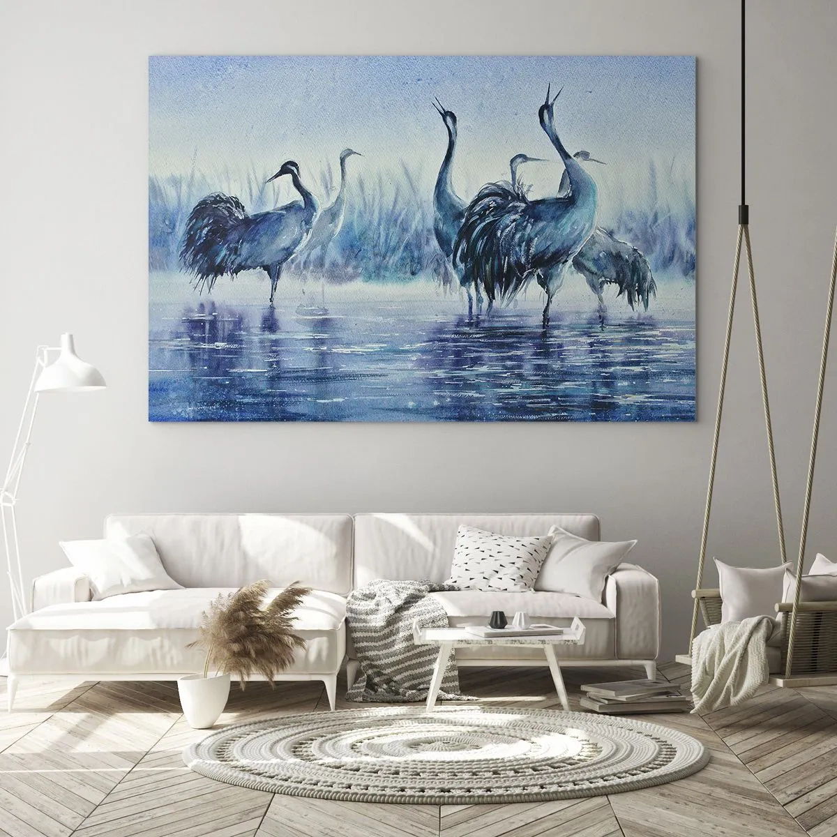 Quadro su vetro - Uccelli che guadano nell'acqua blu - 70x50cm - Incontro mattutino - Decorazione murale moderna per soggiorno e camera da letto ARTTOR
